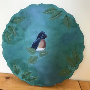 Hand Painted Bluebird Holly Berry Wood Wall Plaque Tole Design Unfinished 12"